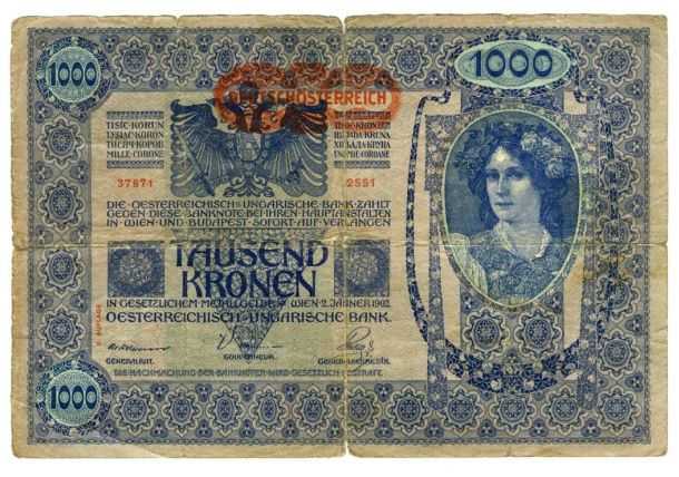 Novčanica od 1000 kruna kakva se koristila u Austrougarskoj početkom 20. stoljeća