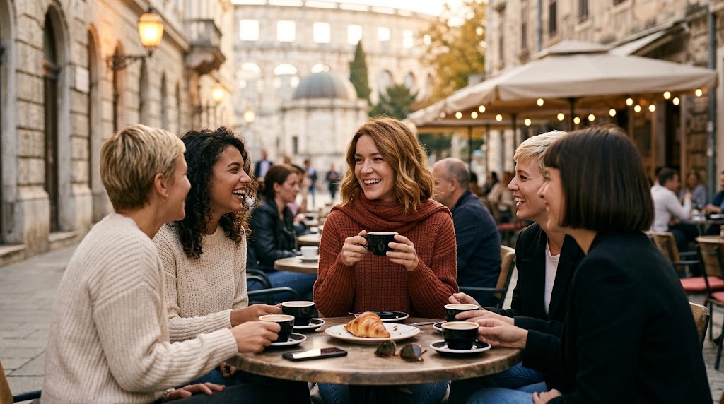 zena s prijateljicama pije kavu u dzemperu puloveru sa sal kragnom